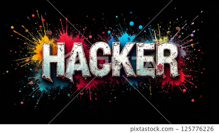 Colorful splash art featuring the word hacker in bold letters against a dark background 125776226