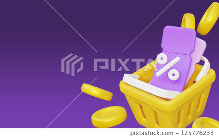 Yellow shopping cart and coin coupon giveaway purple background event template Yellow shopping cart and coin coupon giveaway purple background event template 125776233