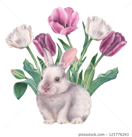 Cute baby rabbit with tulips growing behind it. Hand drawn watercolor illustration of bunny in purple and white flowers for Easter design on isolated background. Little farm animal. For greeting card 125776263
