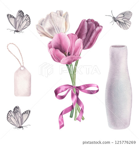 Bouquet of tulips with bow, ceramic white vase, white butterflies and tag. Hand drawn watercolor illustration of spring flowers on isolated background. Elements for invitations or greeting cards 125776269