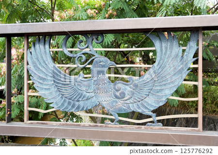 A bridge railing near Asuka Village, Nara Prefecture. Bird (Suzaku) decoration. 125776292