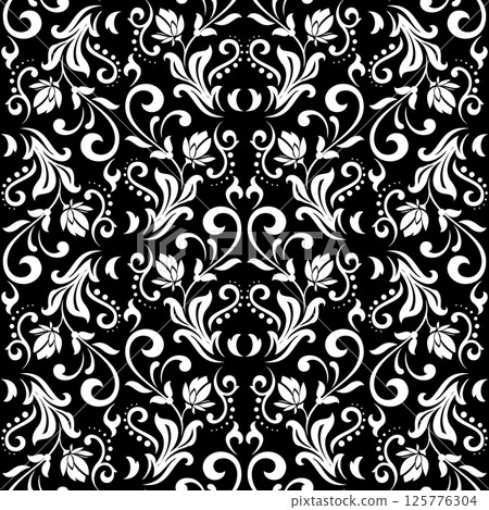 Wallpaper in the style of Baroque. White and black floral ornament. Seamless vector background. Graphic pattern for fabric, wallpaper, packaging. Ornate Damask flower illustration. 125776304