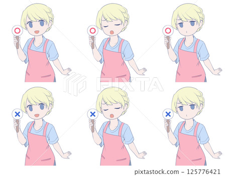 A blonde woman wearing an apron holding a marker stick, 3 facial expressions and 2 symbol sets 125776421