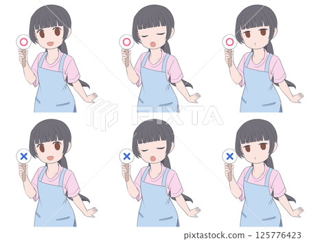 A woman with black hair wearing an apron holding a circle and cross sign, 3 facial expressions and 2 symbol sets A woman with black hair wearing an apron holding a circle and cross sign, 3 facial expressions and 2 symbol sets 125776423