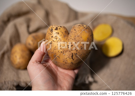 A Unique HeartShaped Potato is Held in Hand Against a Beautiful Natural Background Setting A Unique HeartShaped Potato is Held in Hand Against a Beautiful Natural Background Setting 125776426