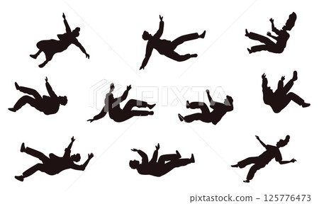 Black silhouettes men and women falling. People flying poses. Hovering and floating persons in air. Sky weightlessness. Free down moving. Gravity soaring. Vector motion positions set Black silhouettes men and women falling. People flying poses. Hovering and floating persons in air. Sky weightlessness. Free down moving. Gravity soaring. Vector motion positions set 125776473