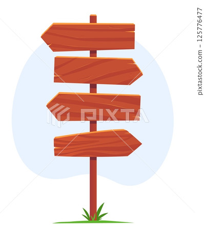 Directional sign with wooden arrows on large wood pole. Empty way pointers. Rural plank signboard. Information guidepost. Timber board road guidance. Vector isolated hardwood signpost 125776477