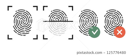 Fingerprint scanning with green flag or red cross. Biometric unique identification process. Electronic scanner. Approve or restricted access. Human ID authentication vector icons set 125776480