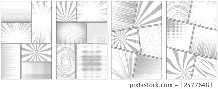Comic book frame. Monochrome manga template. Pop art cartoon page with grid and boxes on white backdrop. Anime cover with explosion speed lines and halftone effect for storyboard. 125776481