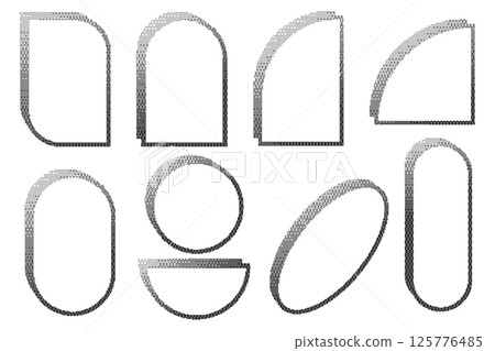 Pixel pattern frames. Bitmap arch windows on white background. Noisy arcade game gradient arc. Dotted dither vector graphic elements. Geometric halftone abstract border. 125776485