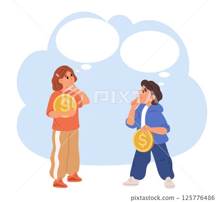 Girl and boy hold coins in hand and think about investments. Financial literacy. Thoughtful little persons. Pensive children investing money. Young people dream of buying. Vector concept 125776486