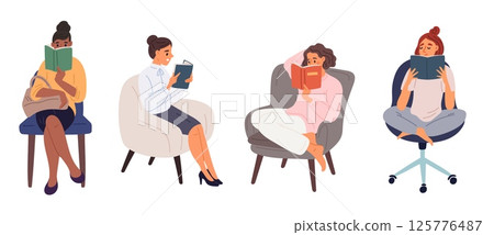 Girls in armchairs read books or magazines. Women sitting on chairs. Cozy sofa. Student learning textbook knowledge. People relax with literature in library. Vector female readers set 125776487