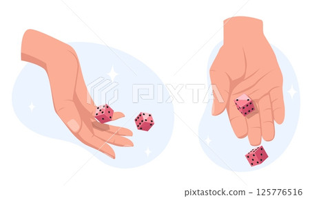 Male and female hand throws dice. Casino games. Croupier arms toss gambling cubes. Roulette win betting. Lucky chance. Fortune risk. Gambler palm gesture. Vegas craps. Vector concept 125776516