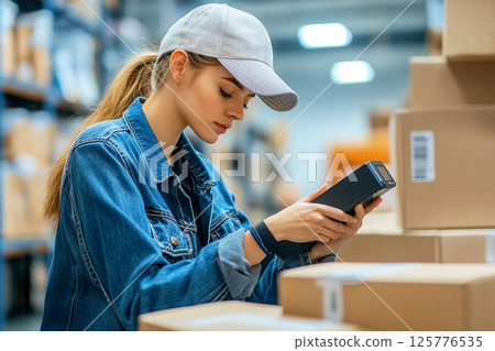 Woman using a barcode scanner at customs, showcasing advanced technology in inventory and retail management. Woman scanning items with a barcode scanner 125776535
