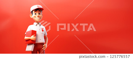 Cartoon banner with a joyful red-uniformed delivery man, offering a friendly and professional touch for courier service promotions 125776557