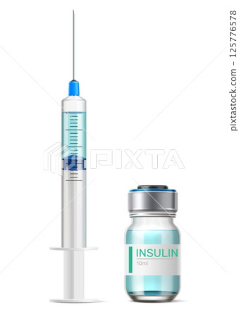Plastic medical syringe with needle. Glass vial for insulin injection. 3D medicament ampoule. Pharmaceutical remedy. Injector mockup. Diabetes treatment. Vector realistic objects set 125776578