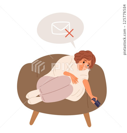 Sad girl waiting for email or phone message. Tired woman sitting on armchair. Messenger chat. Online communication. Unhappy female expecting smartphone call. Letter notice. Vector concept 125776584