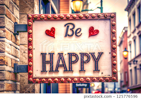 Festive inscription Be Happy with hearts on a street sign 125776596