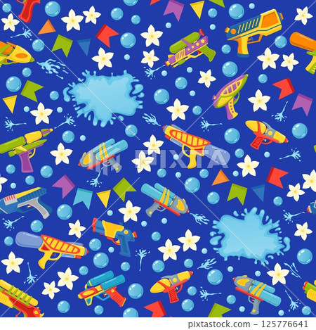 Water guns seamless pattern. Plastic summer toys. Funny repeated print. Weapon liquid splashes. Pump pistols. Aqua party. Songkran wet blaster. Kids handguns. Recent vector background Water guns seamless pattern. Plastic summer toys. Funny repeated print. Weapon liquid splashes. Pump pistols. Aqua party. Songkran wet blaster. Kids handguns. Recent vector background 125776641