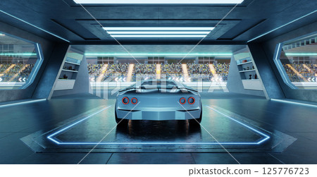 3D rendering Futuristic sports car parked in high-tech garage overlooking race track 125776723