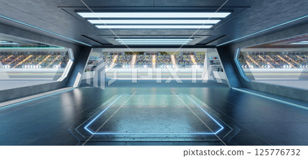 3D rendering Futuristic garage overlooking race track with spectators cheering 3D rendering Futuristic garage overlooking race track with spectators cheering 125776732