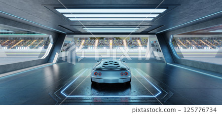 3D rendering White racing car parked in futuristic garage overlooking race track 125776734