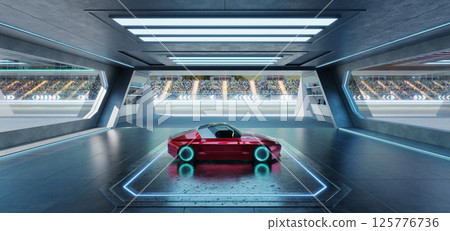 3D rendering Futuristic red racing car parked in high-tech garage overlooking race track 125776736