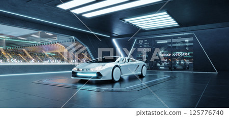 3D rendering Futuristic white sports car parked in high-tech garage with race track view 3D rendering Futuristic white sports car parked in high-tech garage with race track view 125776740
