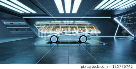 3D rendering Futuristic white sports car parked in high-tech garage overlooking race track 3D rendering Futuristic white sports car parked in high-tech garage overlooking race track 125776742