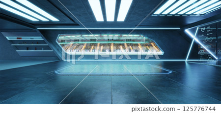 3D rendering Futuristic garage overlooking race track with spectators cheering 125776744