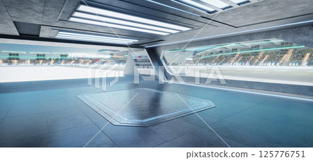 3D rendering Futuristic garage overlooking race track with spectators cheering 125776751
