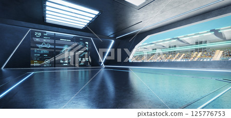 3D rendering Futuristic garage analyzing race data with spectators watching from bleachers 125776753