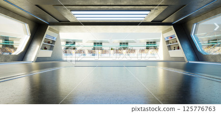 3D rendering Futuristic garage opening on racetrack with audience 125776763