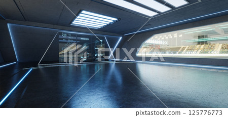 3D rendering Futuristic garage showing race track with digital display and statistics 125776773
