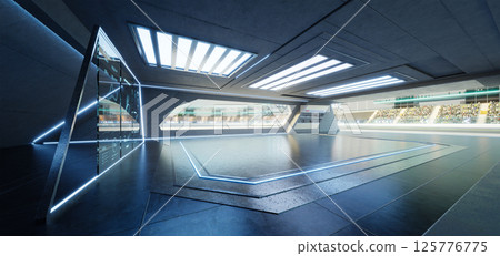 3D rendering Futuristic garage showing racetrack and digital displays 125776775