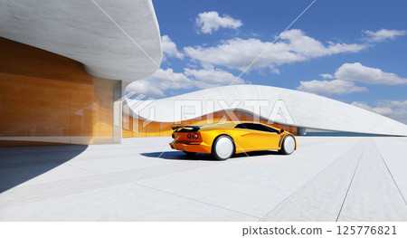 3D rendering Futuristic yellow sports car parked outside modern architectural building 3D rendering Futuristic yellow sports car parked outside modern architectural building 125776821
