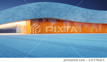 3D rendering Modern building reflecting city skyline at dusk 3D rendering Modern building reflecting city skyline at dusk 125776823