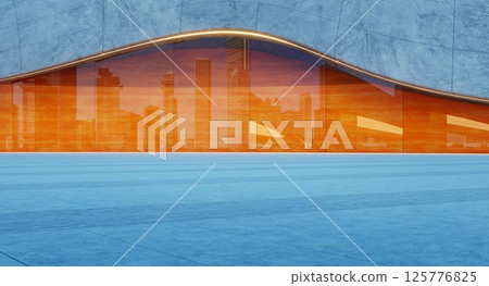 3D rendering Modern building exterior reflecting cityscape at sunset 125776825
