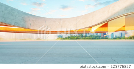 3d rendering Modern architecture concrete building with curved walls and glass windows overlooking city skyline 125776837