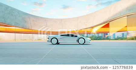3d rendering Futuristic white sports car parked in a modern architectural space 125776839