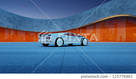 3D rendering Futuristic white supercar parked in modern building with glowing wheels at sunset 125776861