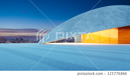 3D rendering Modern building exterior with illuminated glass facade at dusk in urban setting 3D rendering Modern building exterior with illuminated glass facade at dusk in urban setting 125776866