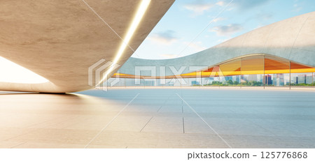 3d rendering Empty parking lot with modern concrete structure and city view 3d rendering Empty parking lot with modern concrete structure and city view 125776868