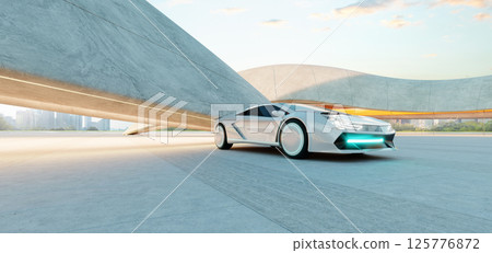 3d rendering Futuristic white sports car parked under modern concrete architecture at sunset 3d rendering Futuristic white sports car parked under modern concrete architecture at sunset 125776872