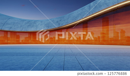 3d rendering Modern parking lot reflecting city skyline at sunset: 3d rendering 3d rendering Modern parking lot reflecting city skyline at sunset: 3d rendering 125776886