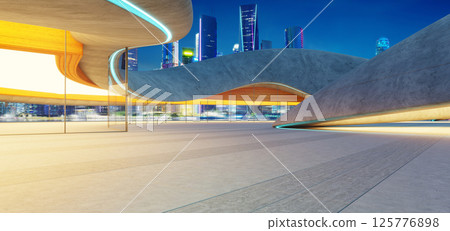 3d rendering Futuristic parking lot with illuminated modern architecture at night 3d rendering Futuristic parking lot with illuminated modern architecture at night 125776898