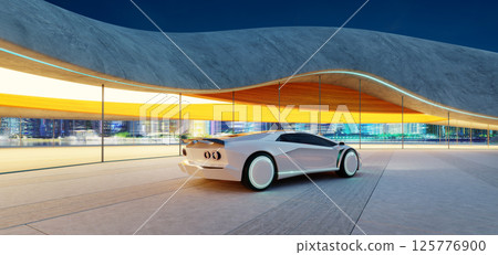 3d rendering Futuristic white sports car parked in modern garage with city view 3d rendering Futuristic white sports car parked in modern garage with city view 125776900