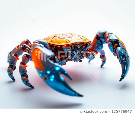 Robotic crab with intricate design and glowing features displayed on a clean surface 125776947