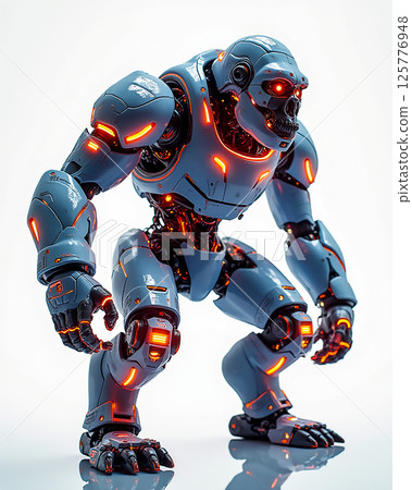 Robot gorilla in dynamic pose showcasing futuristic design and glowing features in a studio setting 125776948
