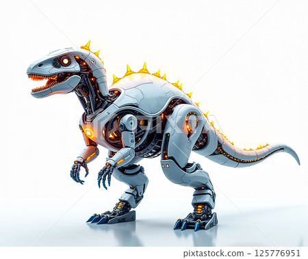 Futuristic robotic dinosaur with intricate design and glowing features stands in a bright setting 125776951